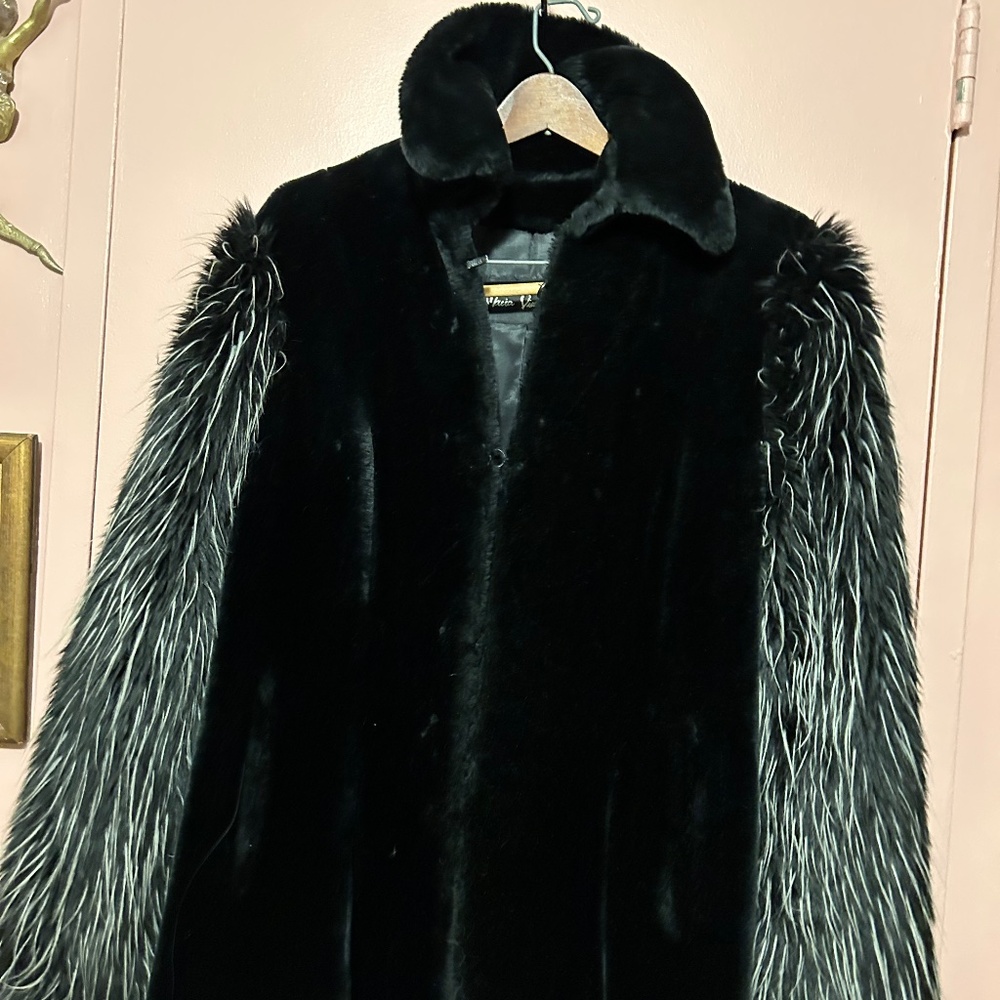 Vintage  Faux Fur Black Jacket with Black and White Shaggy Sleeves